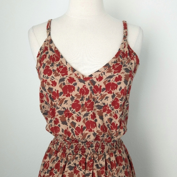 Pampelone Red Beige Floral Alisee Spaghetti Sleeveless Midi Sundress Dress - Picture 5 of 7